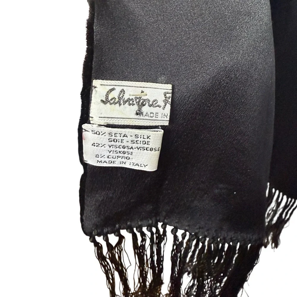 Salvatore Ferragamo Zebra Pattern Black Velvet Neck Scarf Fringe Ends Made Italy